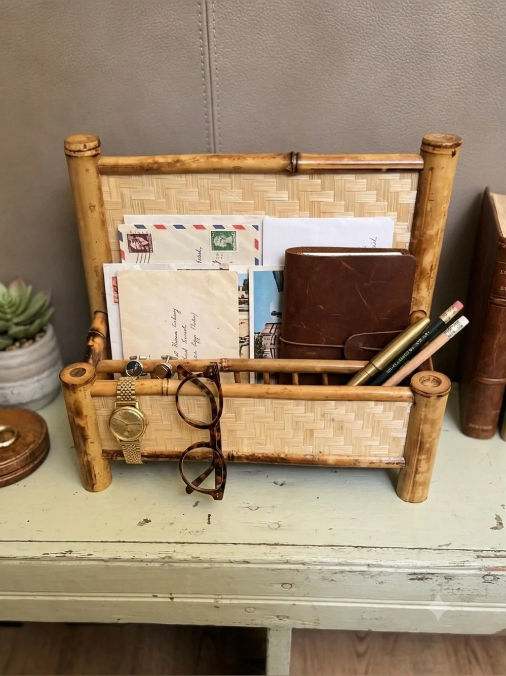 Vintage Burnt Tortoise/Tiger Bamboo Woven Rattan Bench Boho Mail Holder